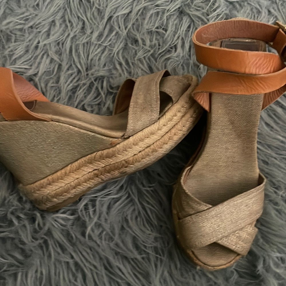 Tory Burch Tan Leather Ankle Strap & Gold Espadrille Wedge Sandals